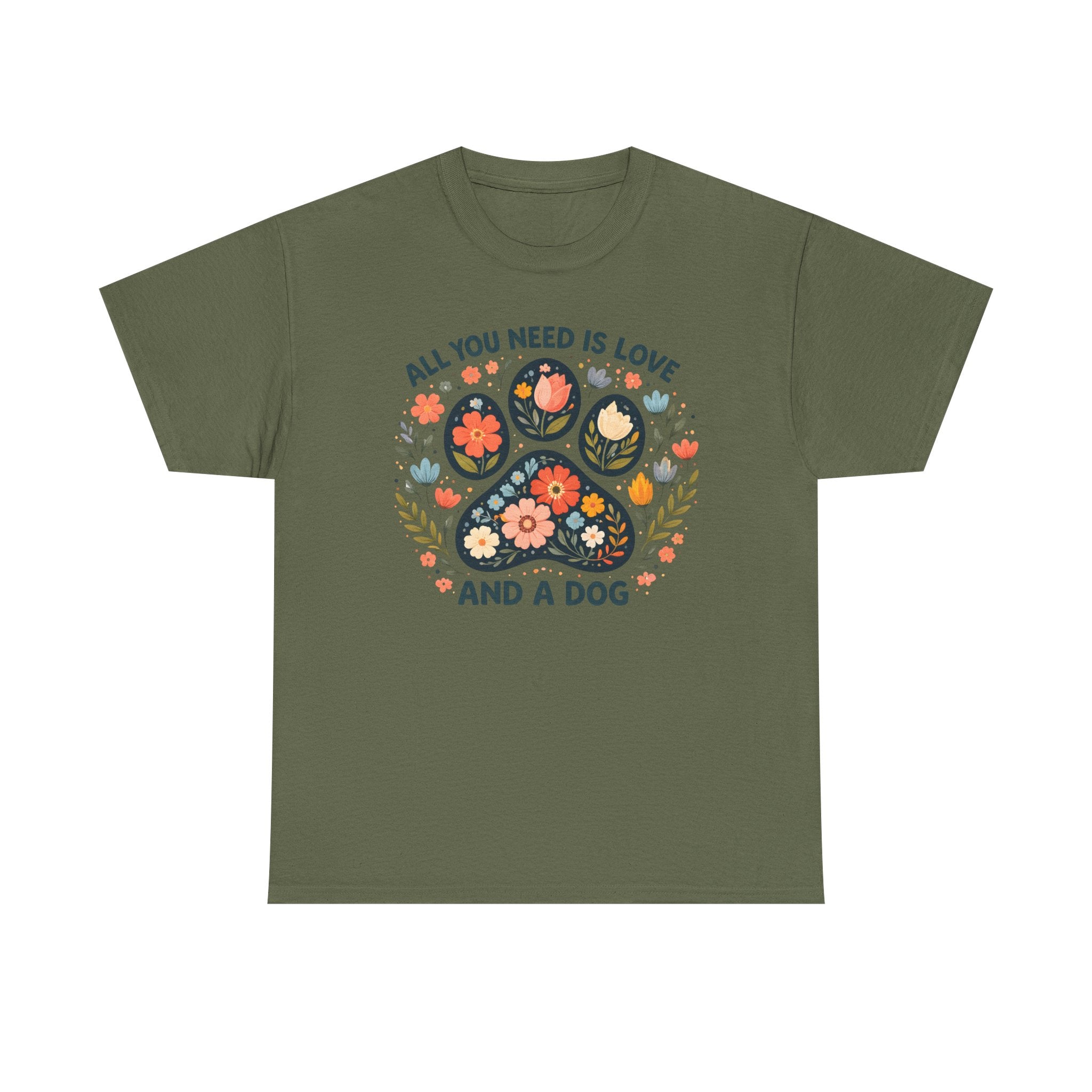 Dog Lover T-Shirt — "All You Need Is Love and a Dog" Floral Paw Tee