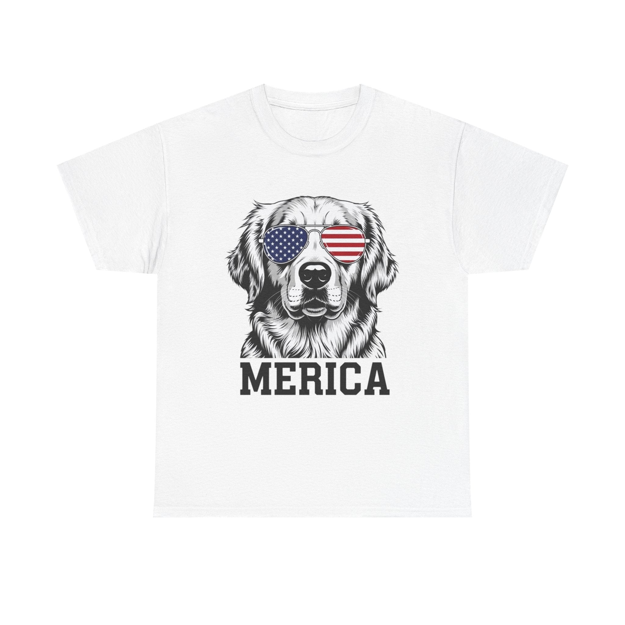 Merica Golden Retriever T-Shirt — Patriotic Dog Tee with American Flag Sunglasses